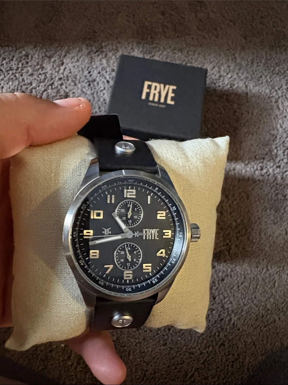 Frye Black Dial Stainless Chronograph Watch with Black Leather Strap